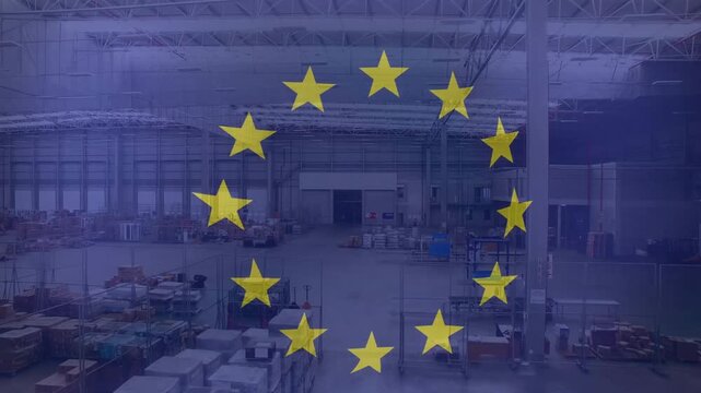 Animation of flag of european union over large goods storage warehouse