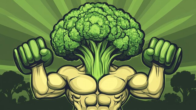 Powerful broccoli bodybuilder, healthy eating, nature background, illustration