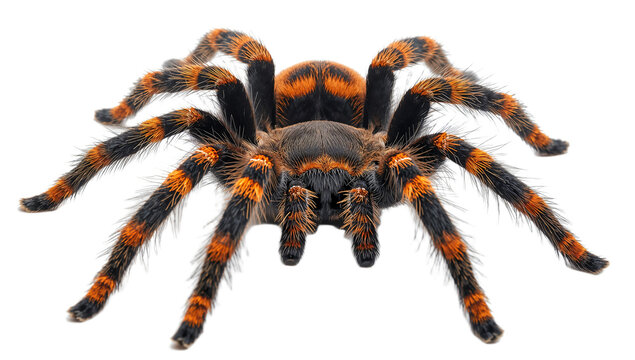 High-resolution close-up photograph of a vibrant orange and black tarantula spider on a white background, showcasing its detailed legs and hairy body