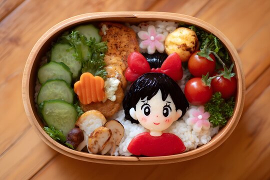 A creative bento box lunch shaped like a cute character with healthy ingredients inside