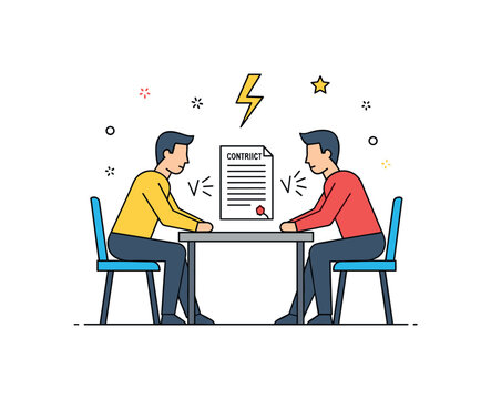 High stakes negotiation two opposing figures seated across a narrow table with a contract between them and subtle lightning bolt accent above, illustrating