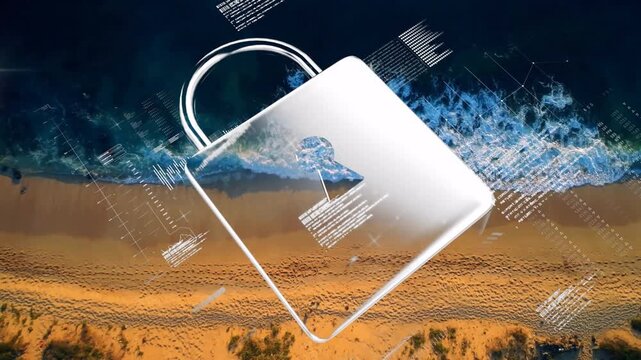 Metallic padlock fading into view over beach, rotating with digital code swirling for data security