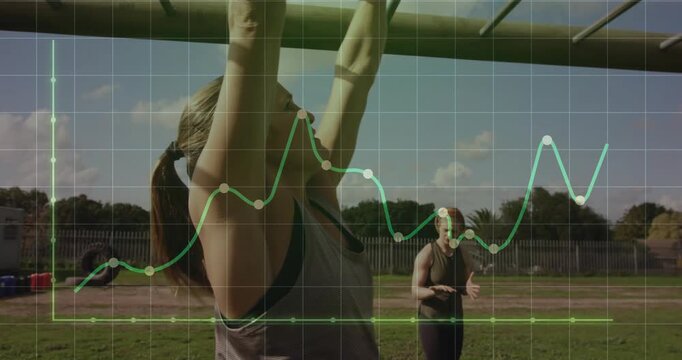 Female athlete gripping monkey bars initiating pull&ndash;ups for fitness with coach cues, animated graph