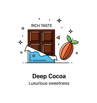 Rich taste premium chocolate moment illustrated by a minimal chocolate square partially unwrapped with a small cocoa bean icon beside it, symbolizing smooth