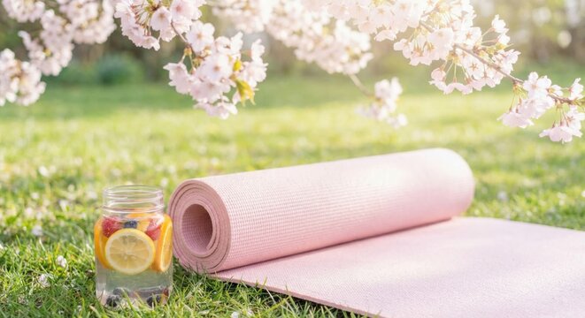 Pink yoga mat and fruit-infused water under blooming cherry blossoms
