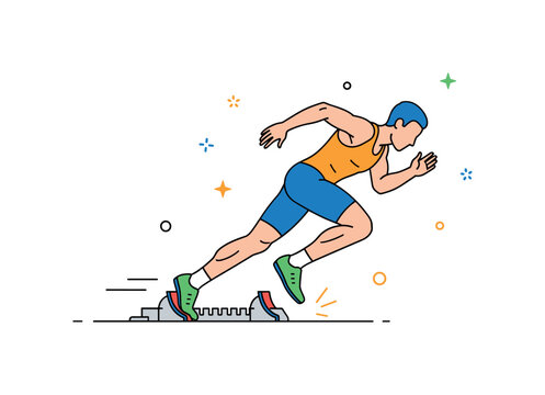 Sprint training drill with a sprinter pushing off from starting blocks expressing preparation, discipline, and performance mindset. Tiny motion sparks near the
