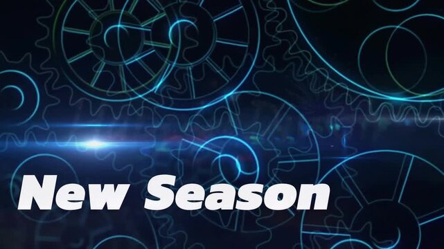 Glitch introducing white New Season title over spinning neon gears with crossing lens-flare