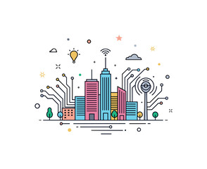Fototapeta premium Technology driven future theme illustrated with a small city skyline combined with circuit line accents, expressing innovation, smart development, and digital