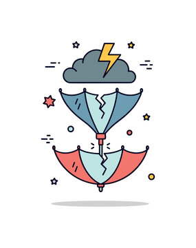 Broken umbrella in storm inverted umbrella shape beneath dark cloud and lightning accent, expressing vulnerability and unpredictable weather challenges.