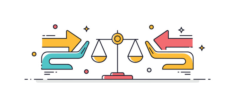 Market equilibrium competitive market balance illustrated by two opposing arrows gently pressing toward a centered scale icon. The scene conveys negotiation,