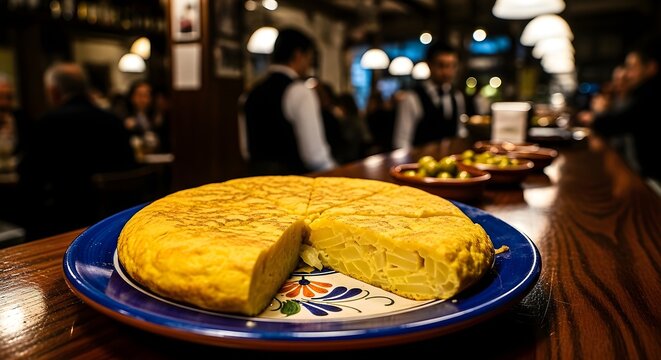 Spanish Omelette Sliced And Served On Bar Counter In Traditional Restaurant