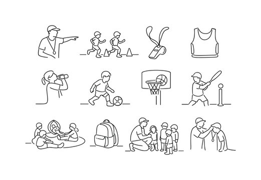 Youth Sports Training Camp. Minimalistic set one-line drawing coach demonstrating drill, kids running cones, whistle around neck, practice bib vest, water