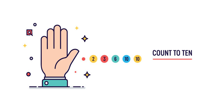Anger management counting to ten strategy concept with a compact hand silhouette and small numbered dots arranged in sequence, expressing pause and structured