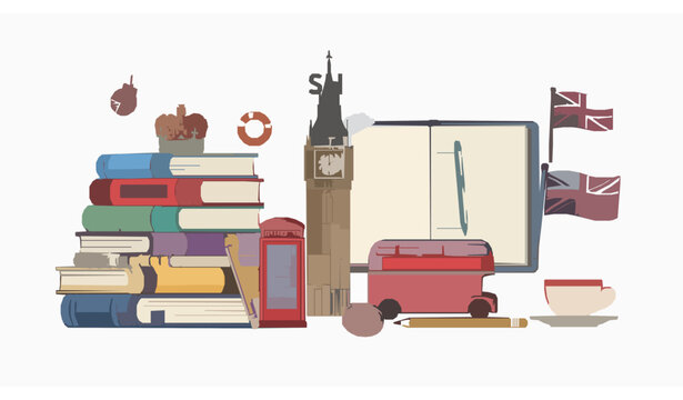 Learning English Concept with British Culture Symbols and Books Flat Vector Illustration