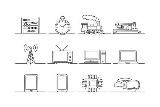 Technology Advancement Through Time. Minimalistic set one-line drawing abacus, mechanical clock, steam locomotive, telegraph machine, radio tower, television