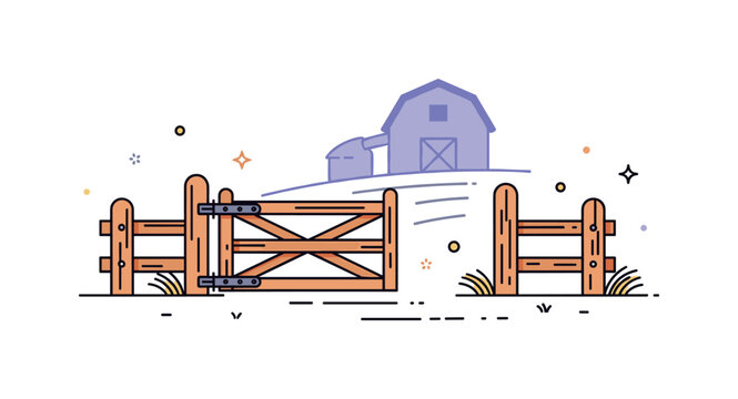 Pigsty gate rustic wooden farm gate slightly open with simple fence posts and a small barn silhouette behind, expressing rural life and agricultural routine.