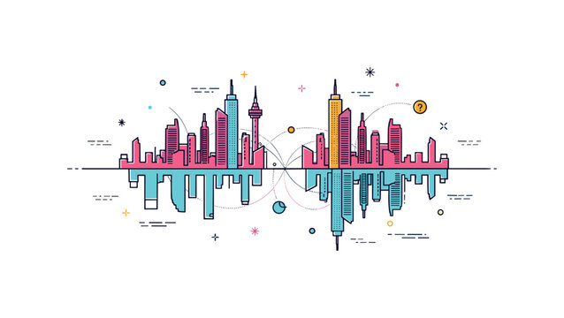 Digital twin city model showing a mirrored outline of a skyline connected by subtle data lines, representing simulation, forecasting, and evidence based