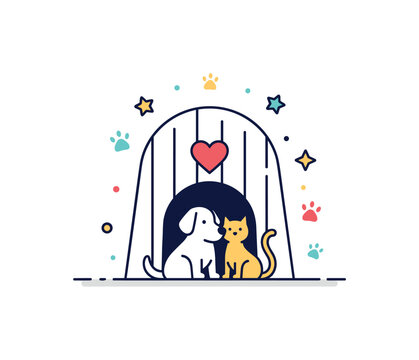 Animal shelter rescue scene illustrated by a small kennel shape with a dog and cat silhouette side by side, symbolizing hope and safe haven. The badge style