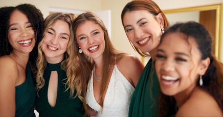 Obraz premium Portrait, friends and wedding with women in bedroom for bridesmaids, bridal party and support. Celebration, marriage and event with people at home for ceremony, maid of honor and luxury engagement