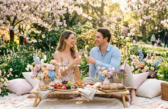 A smiling couple enjoys a romantic spring picnic in a blooming park toasting with champagne.