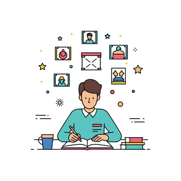 Screenwriter planning scene featuring a writer seated at a desk jotting notes in a notebook while tiny scene frame icons appear above, expressing visualization