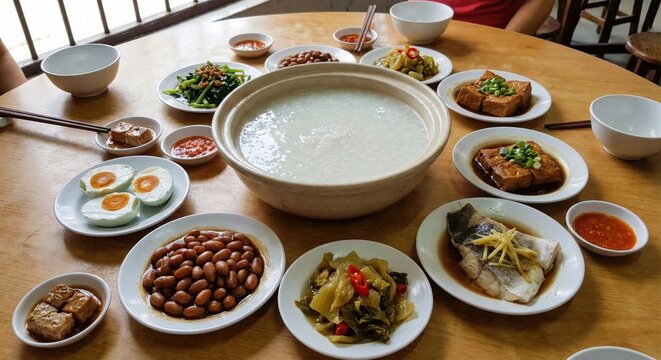 Chinese Teochew rice porridge congee with various side dishes