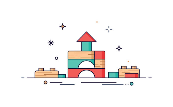 Block of wooden toy bricks stacked neatly on a table, highlighting playful creativity, organization, and simple construction fun. Minimalist flat vector