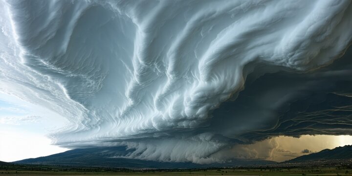 Dramatic sky features massive cloud formations. Dark tones contrast bright highlights, creating intense visual impact over landscape.