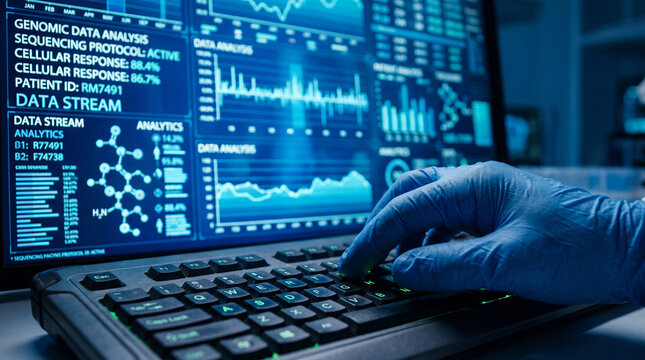Genetic data analysis computer screen, medical research lab, scientist typing, DNA sequencing, molecular biology, scientific data, healthcare technology, with copy space