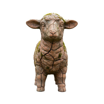 Cracked Terracotta Sheep Sculpture with Moss