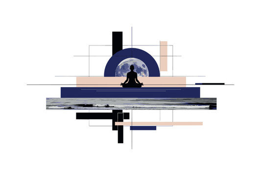 monochrome calm ocean horizon line combined with meditating silhouette, deep indigo circular backdrop echoing moon form, flat abstract rectangles and subtle