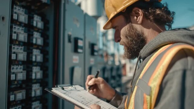 Dedicated Electrical Technician: A focused electrician, clad in a hard hat and safety vest, meticulously reviews technical data near industrial control panels. The image portrays precision, diligence.