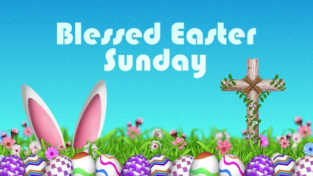 Fun decorative eggs sit along the grassy border near delicate pink blooms. The religious cross and sweet message perfectly capture the holiday mood.
