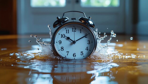 Clock sinking in water in home interior, concept of transience and rational use of time