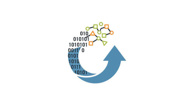 Data processing and digital transformation concept with binary code and arrow illustration