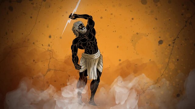 zeus throwing lightning in ancient greek orange vase style