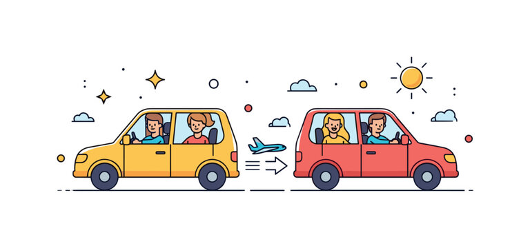 Friends switching drivers during a carpool on a sunny road, showing collaboration, trust, and enjoyable shared responsibilities in travel. Minimalist flat