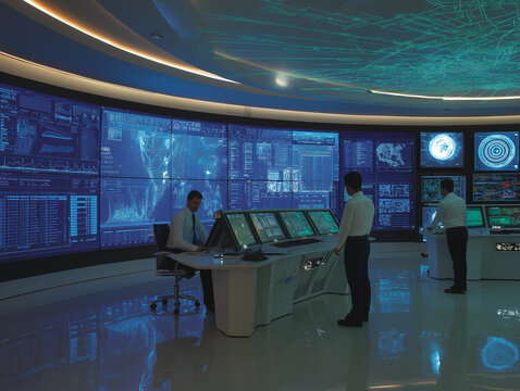 AI generator images of  Command and Control Center, staffed by a large number of personnel, is a large laboratory filled with monitors and computer equipment displaying global network maps and various