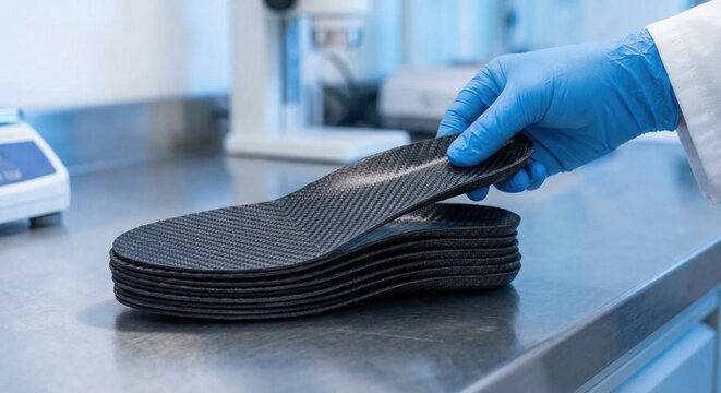 Scientist holding carbon fiber shoe insole in medical lab