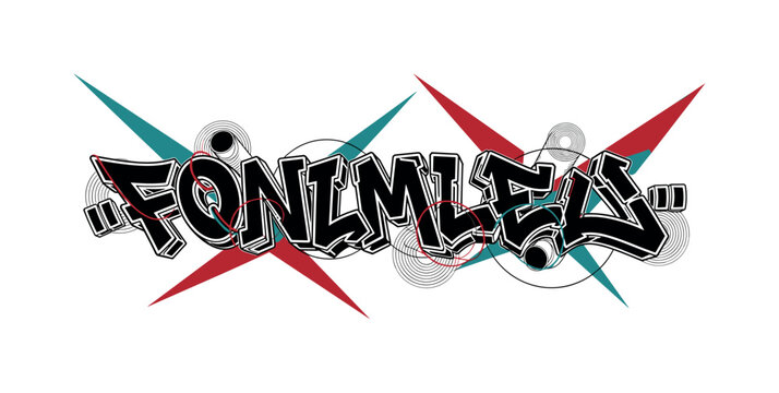 Black and white graffiti lettering stretched horizontally across composition, concentric rings and cylindrical forms integrated subtly, deep red and teal flat