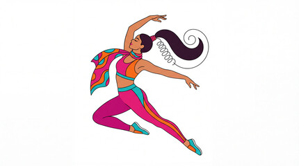 Obraz premium Dancer in vibrant outfit expressing joy in mid-air with colorful scarf