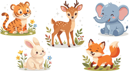 Naklejka premium Cute Animal Vector Collection Featuring Baby Tiger, Deer, Elephant, Rabbit, and Fox Characters for Nursery Decor, Kids Stickers, and Children's Graphics