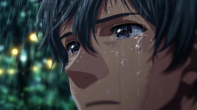 Sad anime boy crying in rain at night city, close up emotional face with tears, loneliness, depression, mental health, stress