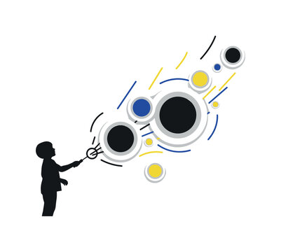 A monochrome child silhouette holding a bubble wand, oversized geometric circles floating upward as stylized bubbles, thin linear elements suggesting light