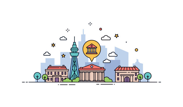Cultural exploration day simplified city skyline with a small museum building icon highlighted among it. A modern editorial illustration about discovering