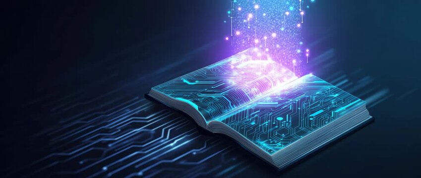 Artificial Intelligence learning concept. A futuristic illustration of artificial intelligence emerging from a digital book with circuit patterns