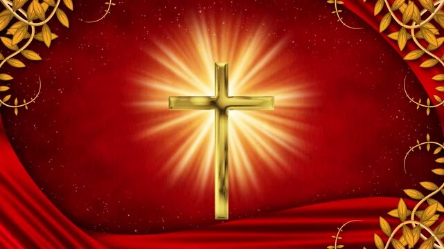 The symbol of faith dominates the frame with powerful bursts of warm light. Decorative floral elements and folded silk enhance the sacred feeling.