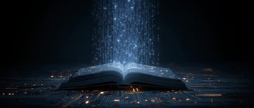Artificial Intelligence learning concept. A futuristic illustration of artificial intelligence emerging from a digital book with circuit patterns