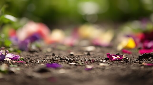 Close-up of garden soil surface with trampled flower petals and broken stems, shallow depth of field, soft daylight, rich textural detail, nature scene