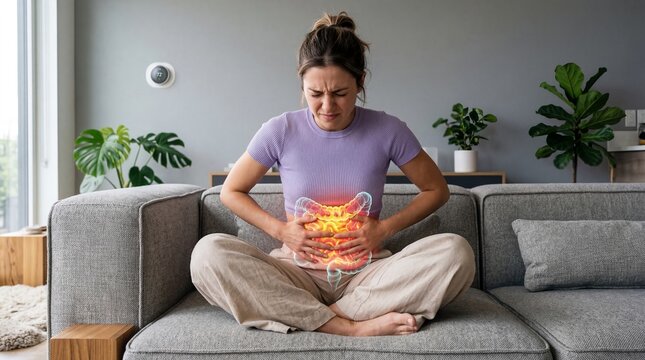 Woman sitting on sofa suffering from severe stomach ache. Illustration of inflamed human intestine area. Physical pain and medical disorder concept. Healthcare and digestive system disease.